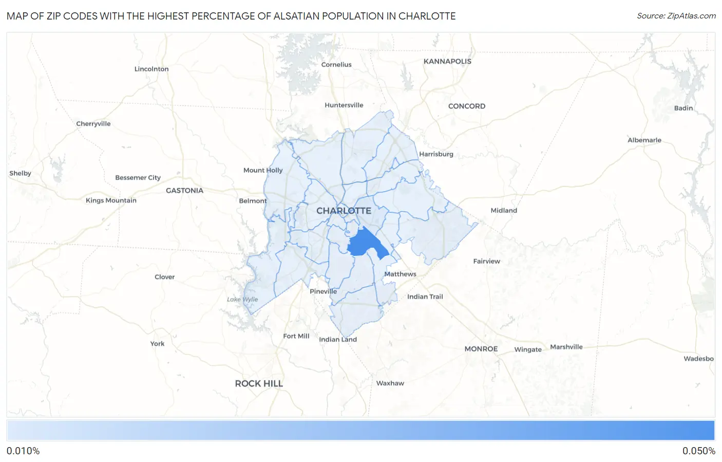 Zip Codes with the Highest Percentage of Alsatian Population in Charlotte Map