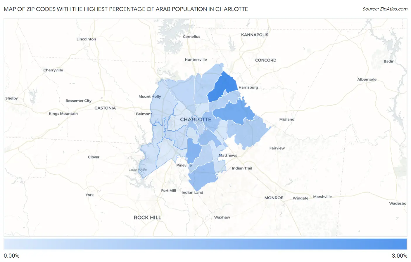 Zip Codes with the Highest Percentage of Arab Population in Charlotte Map