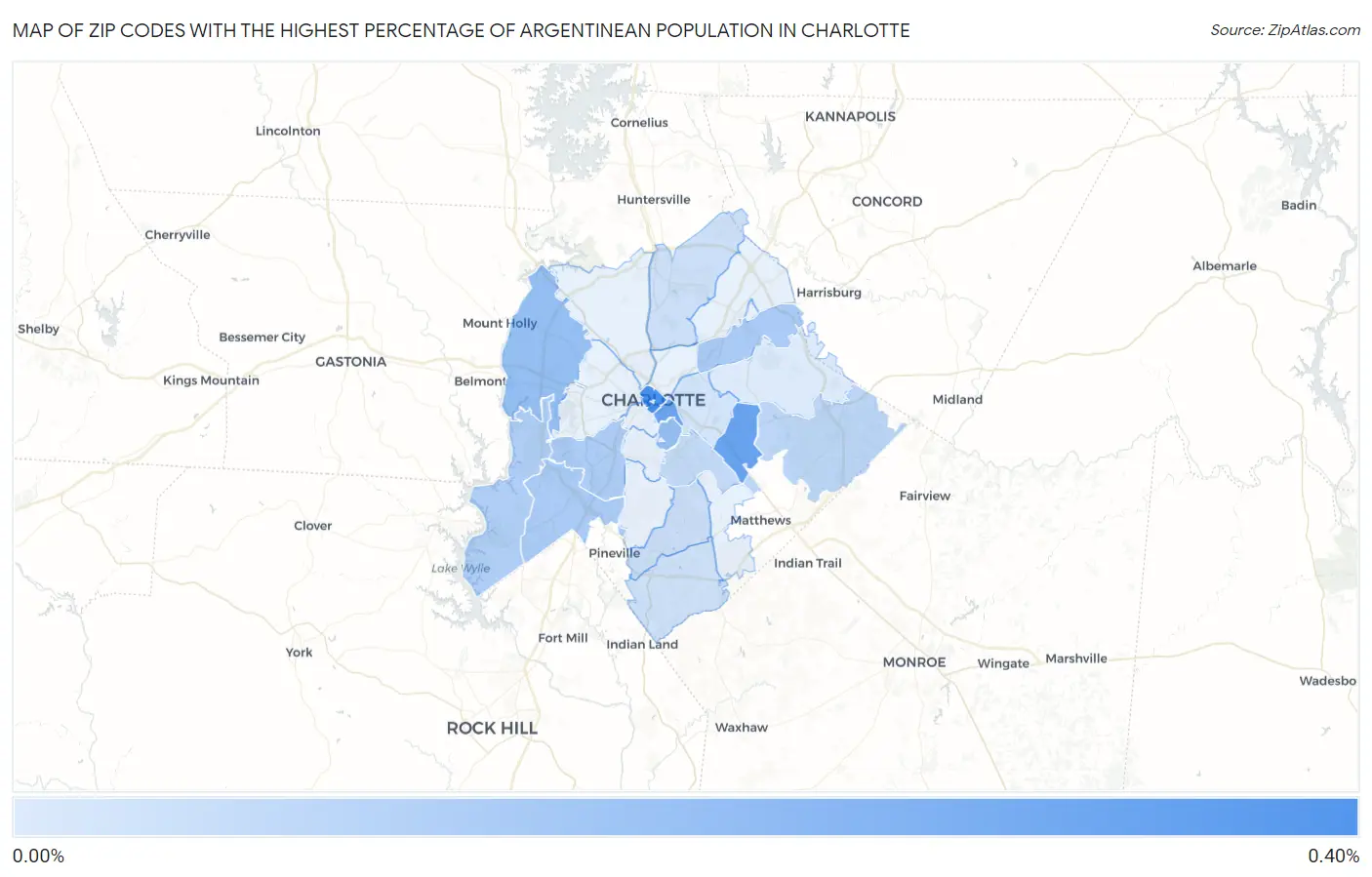 Zip Codes with the Highest Percentage of Argentinean Population in Charlotte Map