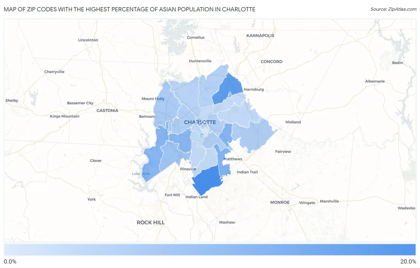 Zip Codes with the Highest Percentage of Asian Population in Charlotte Map