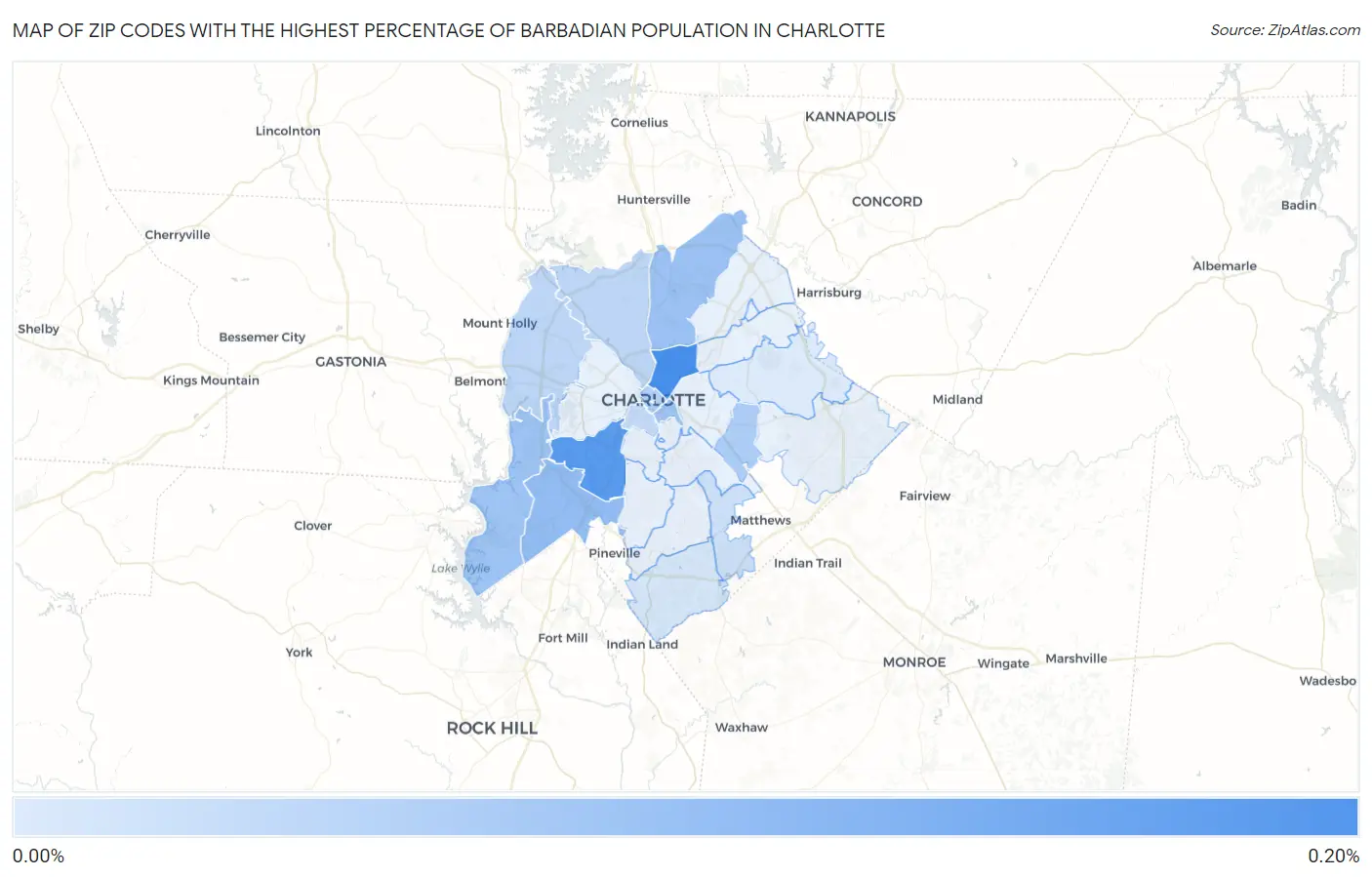 Zip Codes with the Highest Percentage of Barbadian Population in Charlotte Map