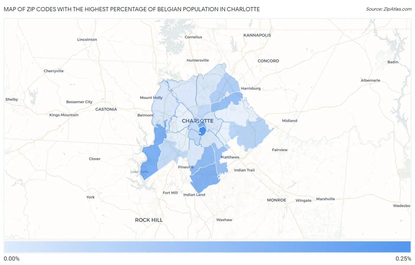 Zip Codes with the Highest Percentage of Belgian Population in Charlotte Map