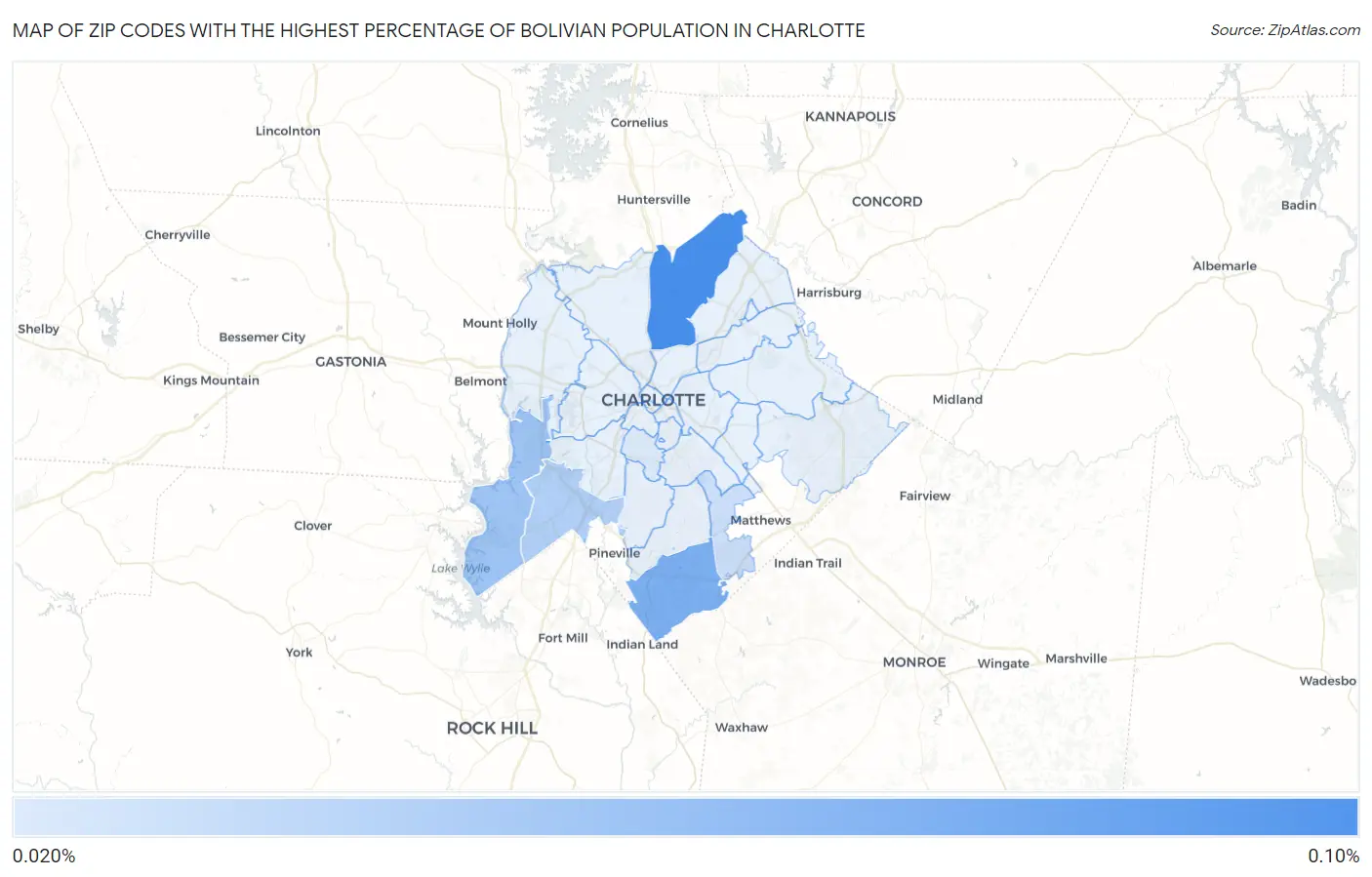 Zip Codes with the Highest Percentage of Bolivian Population in Charlotte Map