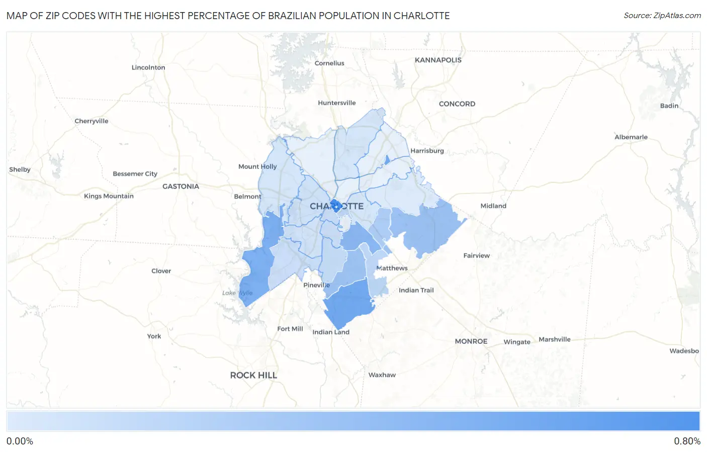 Zip Codes with the Highest Percentage of Brazilian Population in Charlotte Map