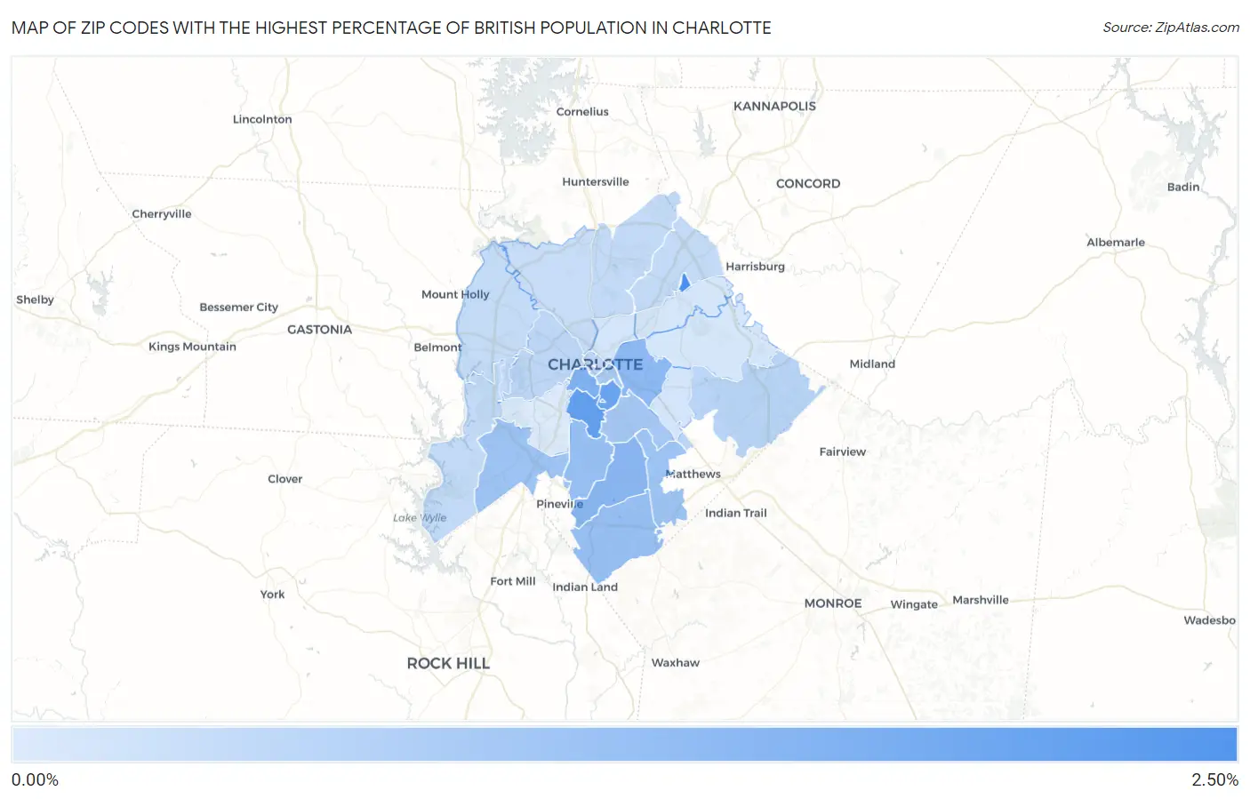 Zip Codes with the Highest Percentage of British Population in Charlotte Map