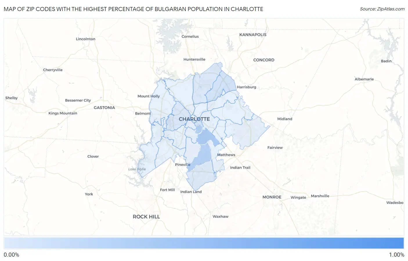 Zip Codes with the Highest Percentage of Bulgarian Population in Charlotte Map