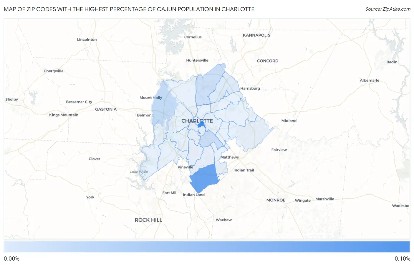 Zip Codes with the Highest Percentage of Cajun Population in Charlotte Map