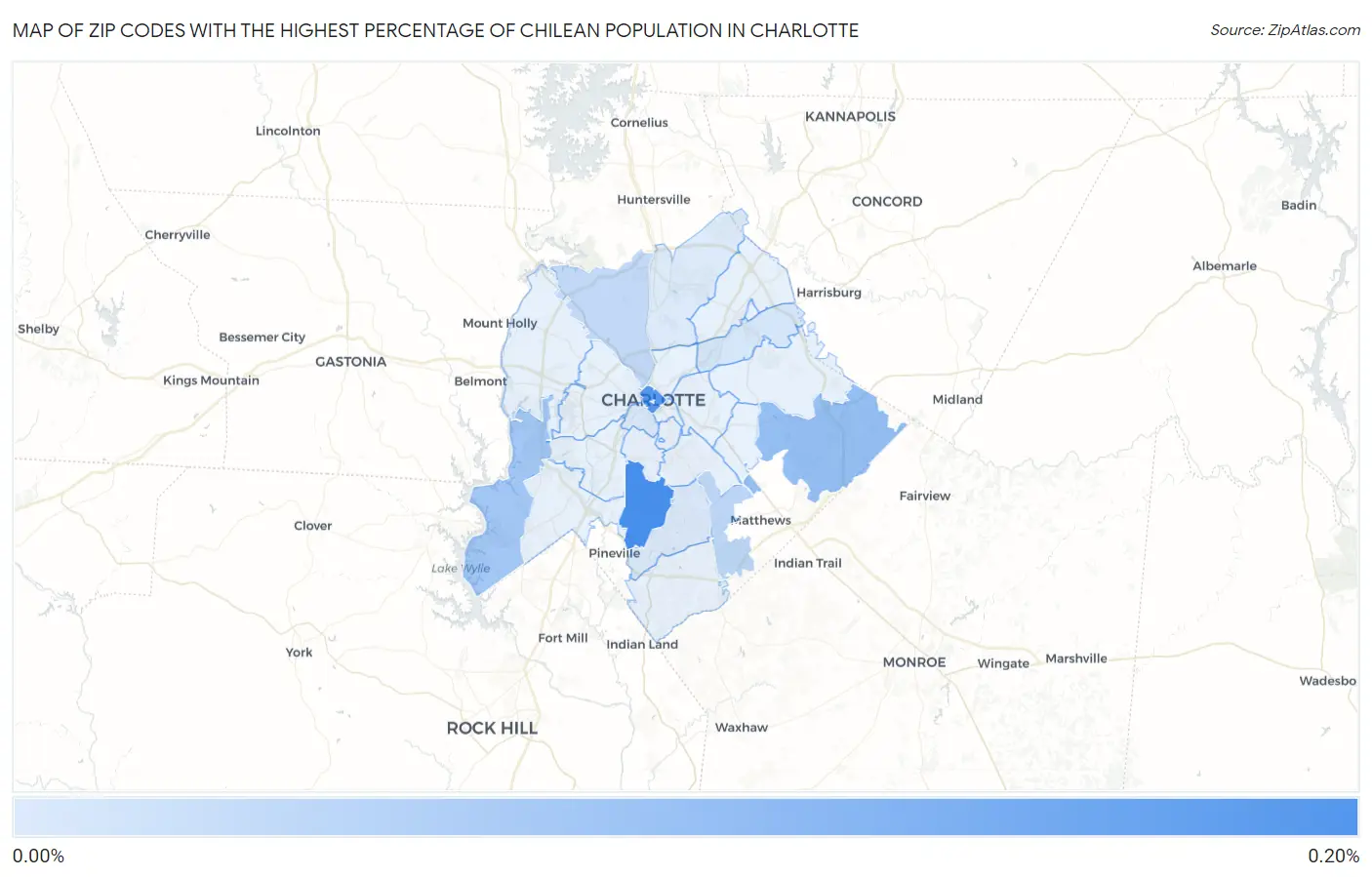Zip Codes with the Highest Percentage of Chilean Population in Charlotte Map