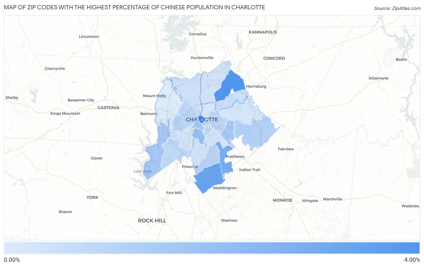 Zip Codes with the Highest Percentage of Chinese Population in Charlotte Map