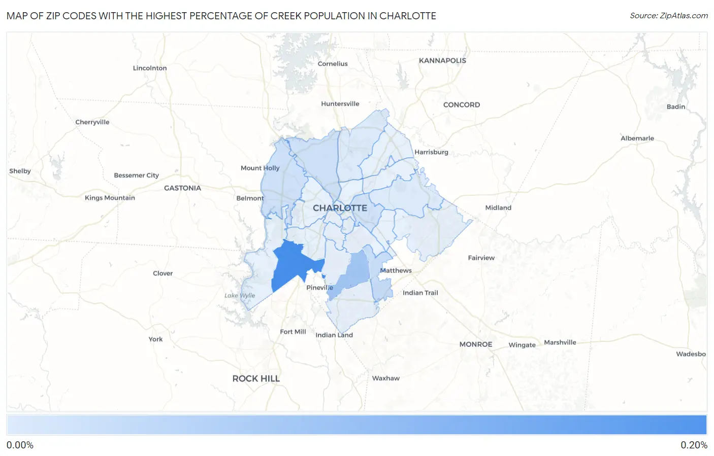 Zip Codes with the Highest Percentage of Creek Population in Charlotte Map