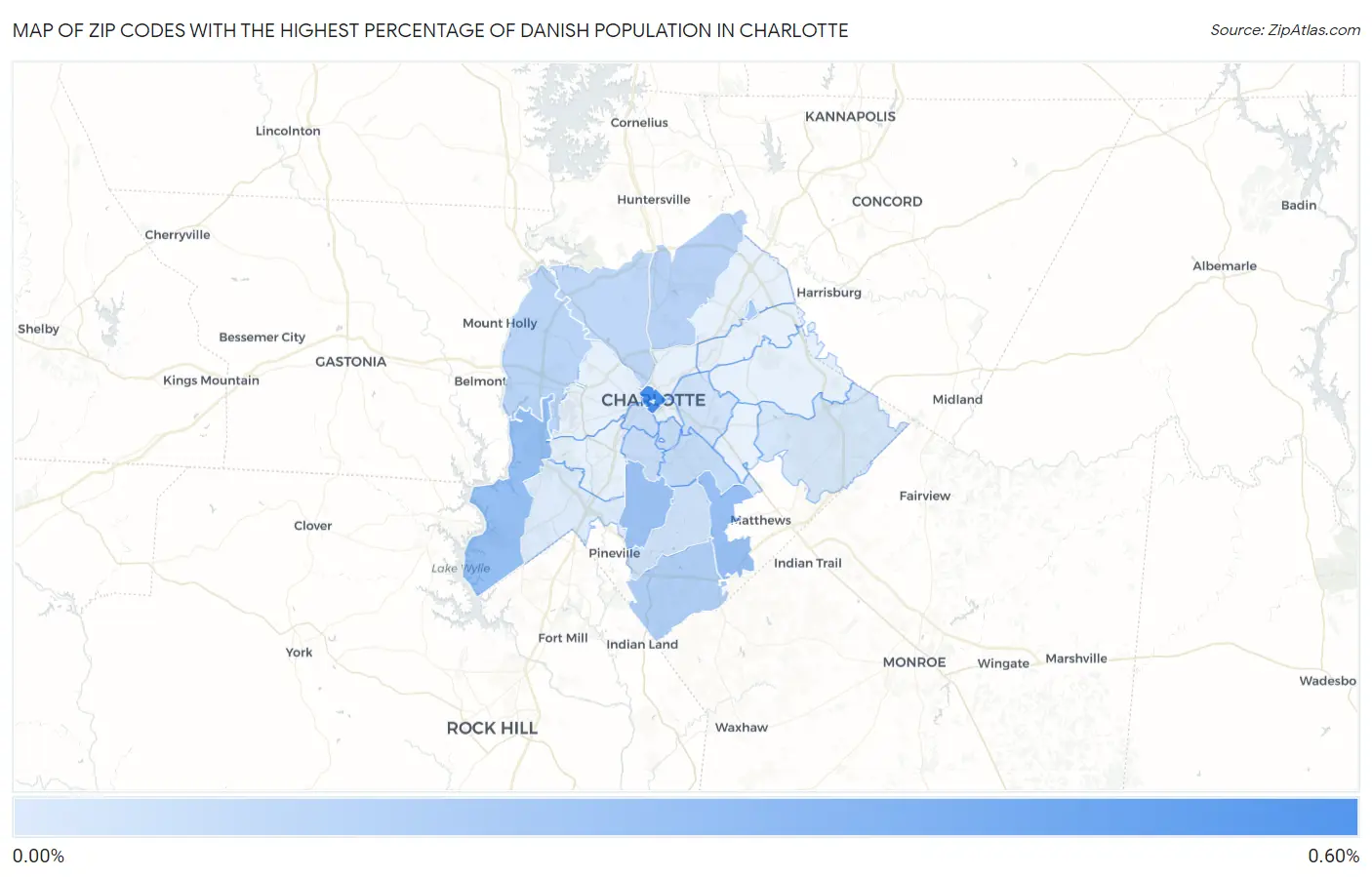 Zip Codes with the Highest Percentage of Danish Population in Charlotte Map