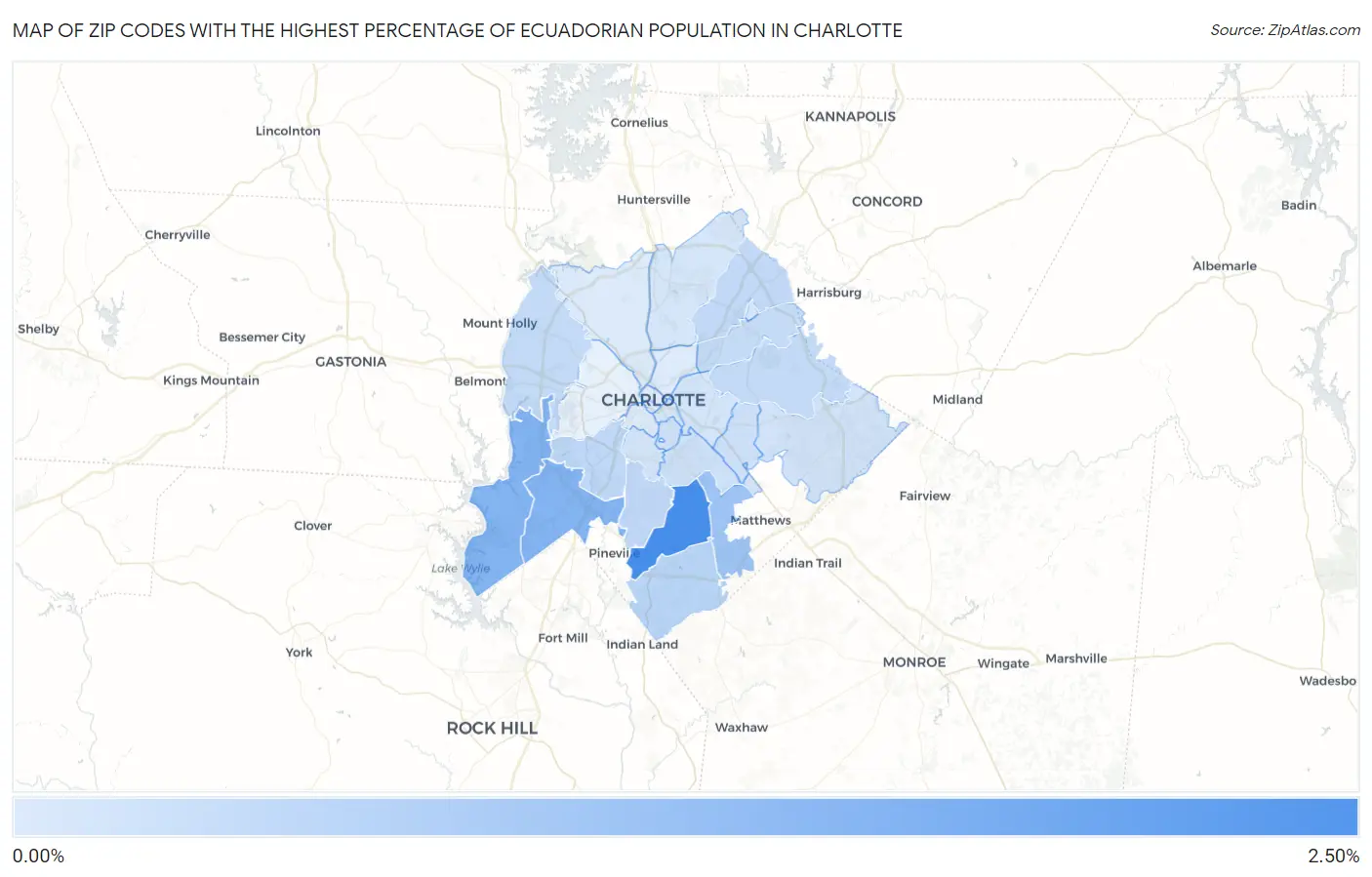 Zip Codes with the Highest Percentage of Ecuadorian Population in Charlotte Map