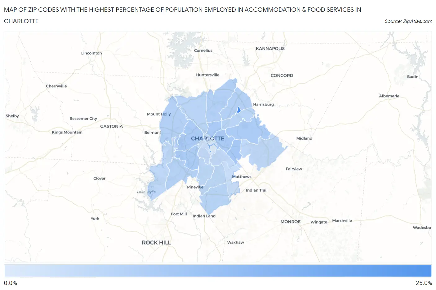 Zip Codes with the Highest Percentage of Population Employed in Accommodation & Food Services in Charlotte Map