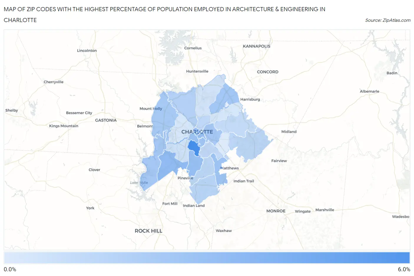 Zip Codes with the Highest Percentage of Population Employed in Architecture & Engineering in Charlotte Map