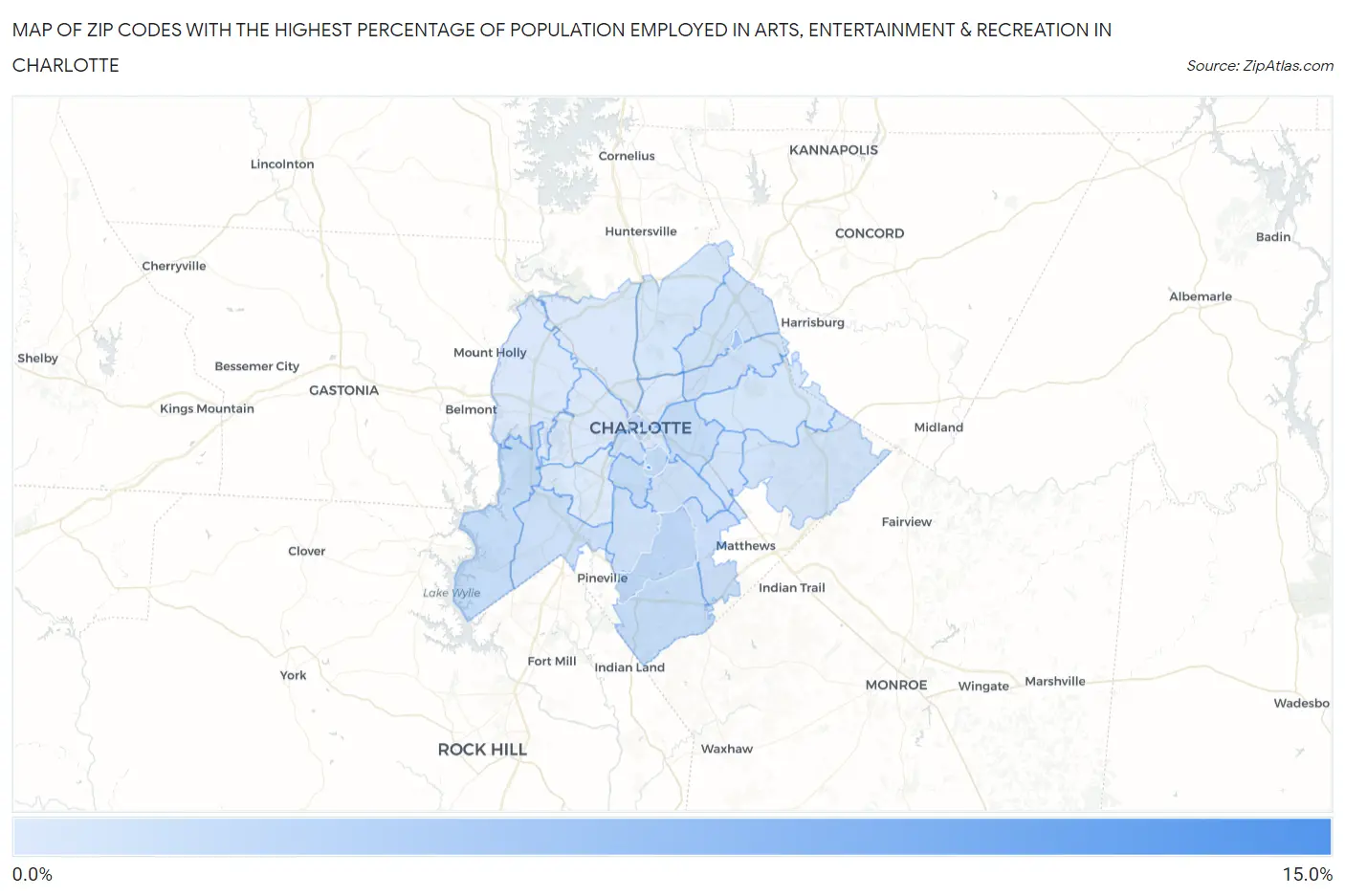 Zip Codes with the Highest Percentage of Population Employed in Arts, Entertainment & Recreation in Charlotte Map
