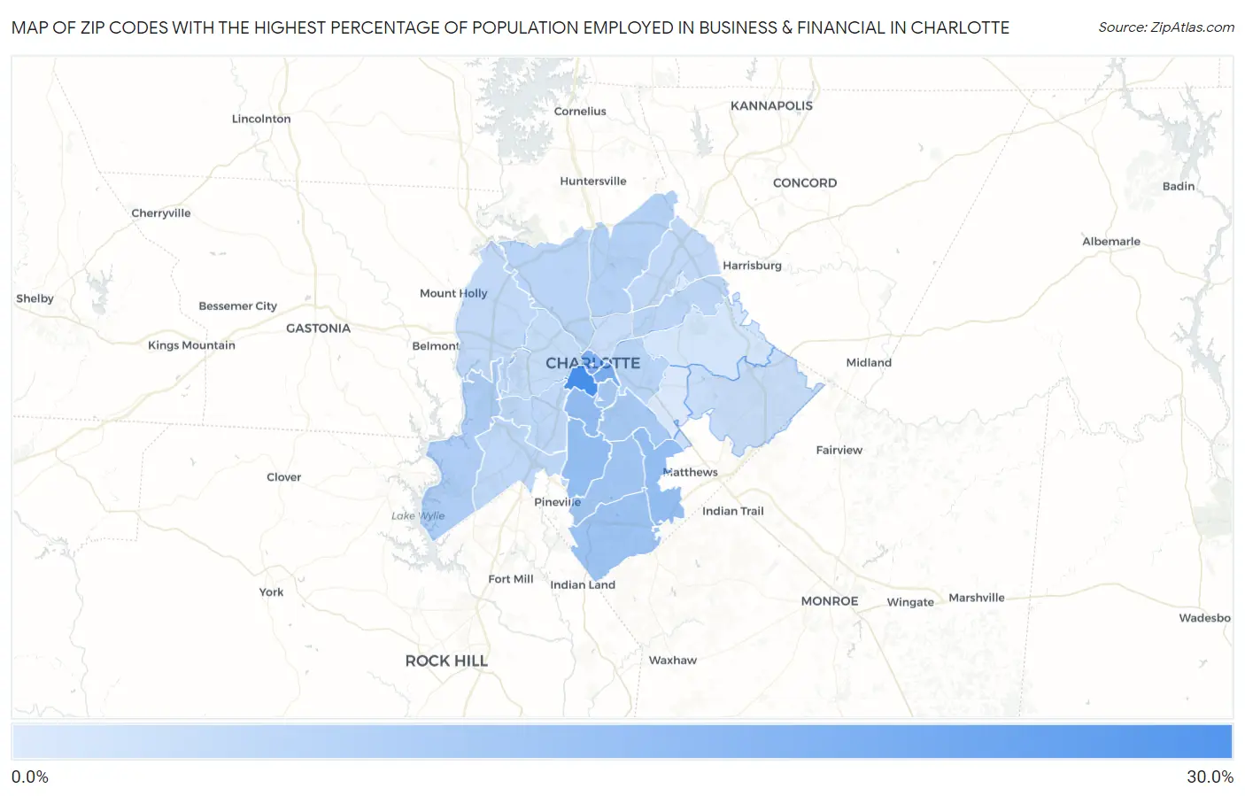 Zip Codes with the Highest Percentage of Population Employed in Business & Financial in Charlotte Map