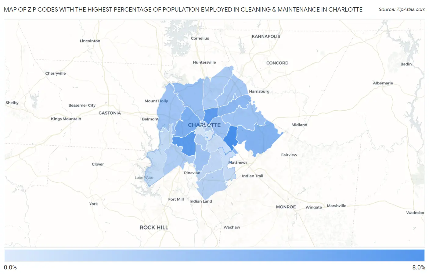 Zip Codes with the Highest Percentage of Population Employed in Cleaning & Maintenance in Charlotte Map