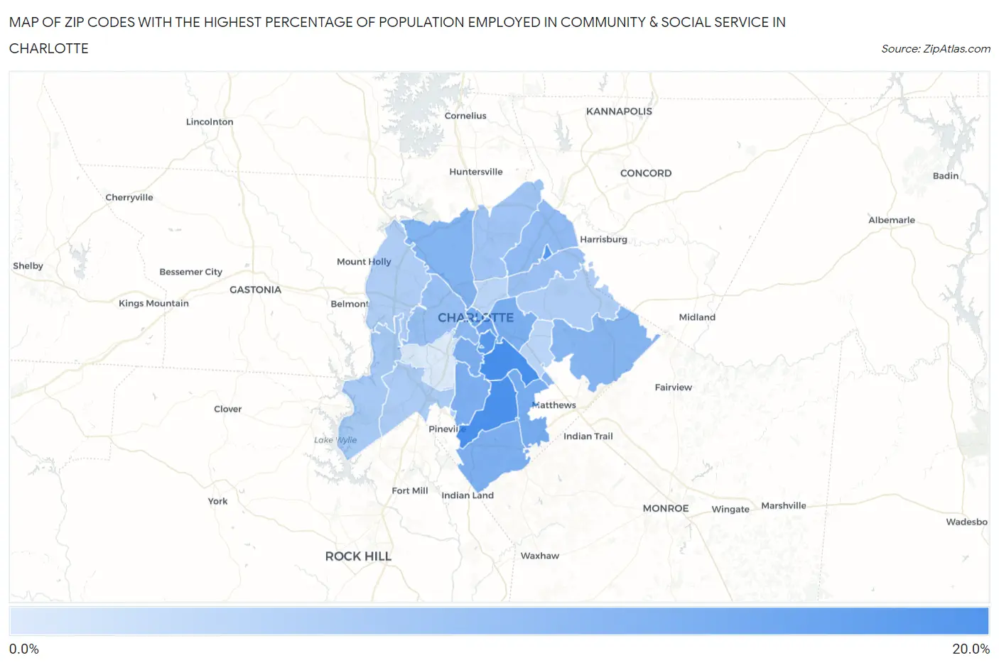 Zip Codes with the Highest Percentage of Population Employed in Community & Social Service  in Charlotte Map