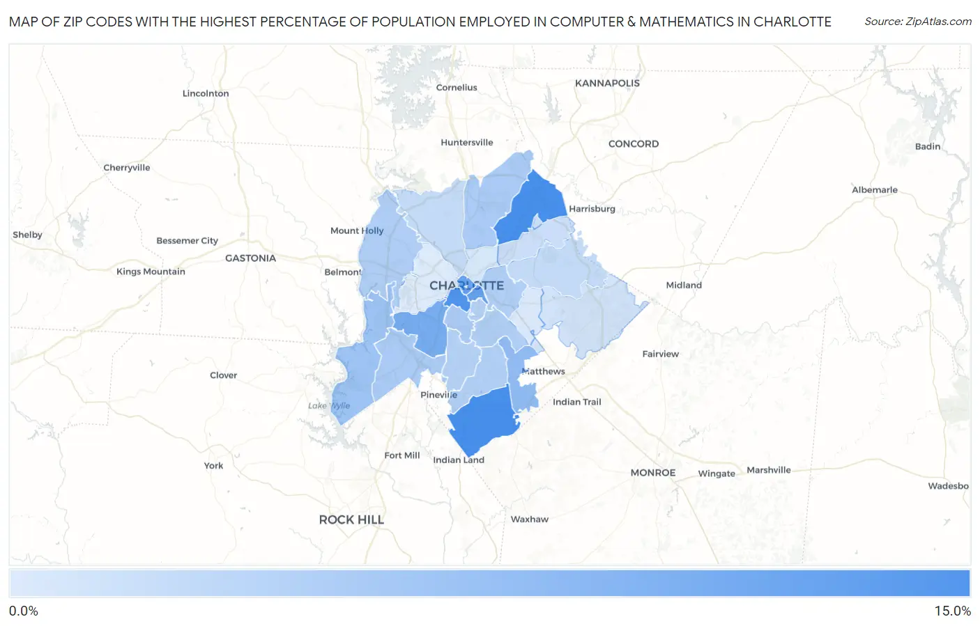 Zip Codes with the Highest Percentage of Population Employed in Computer & Mathematics in Charlotte Map