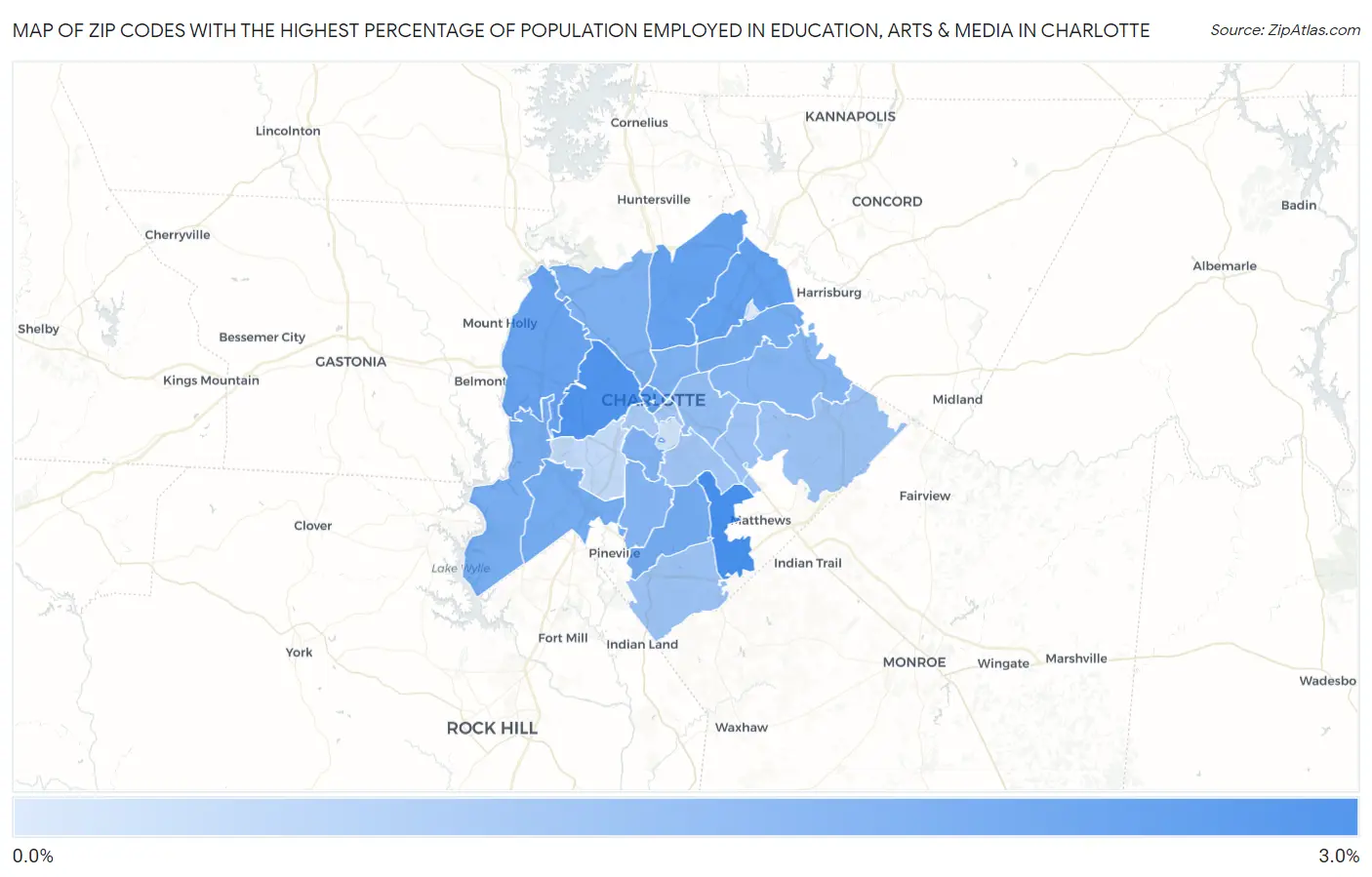 Zip Codes with the Highest Percentage of Population Employed in Education, Arts & Media in Charlotte Map