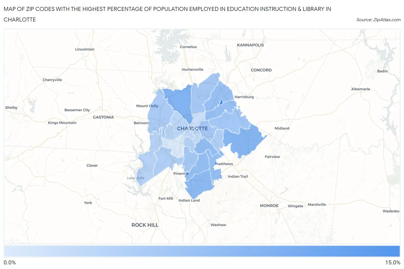 Zip Codes with the Highest Percentage of Population Employed in Education Instruction & Library in Charlotte Map
