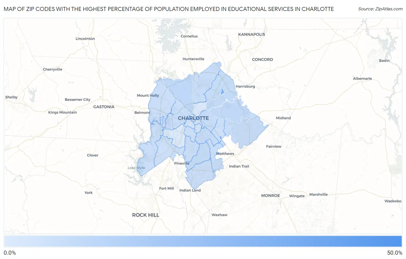 Zip Codes with the Highest Percentage of Population Employed in Educational Services in Charlotte Map