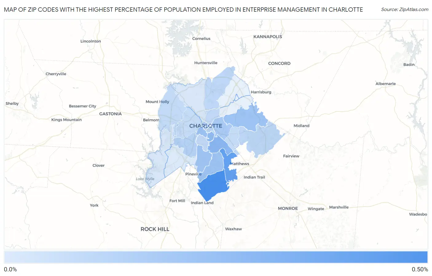 Zip Codes with the Highest Percentage of Population Employed in Enterprise Management in Charlotte Map