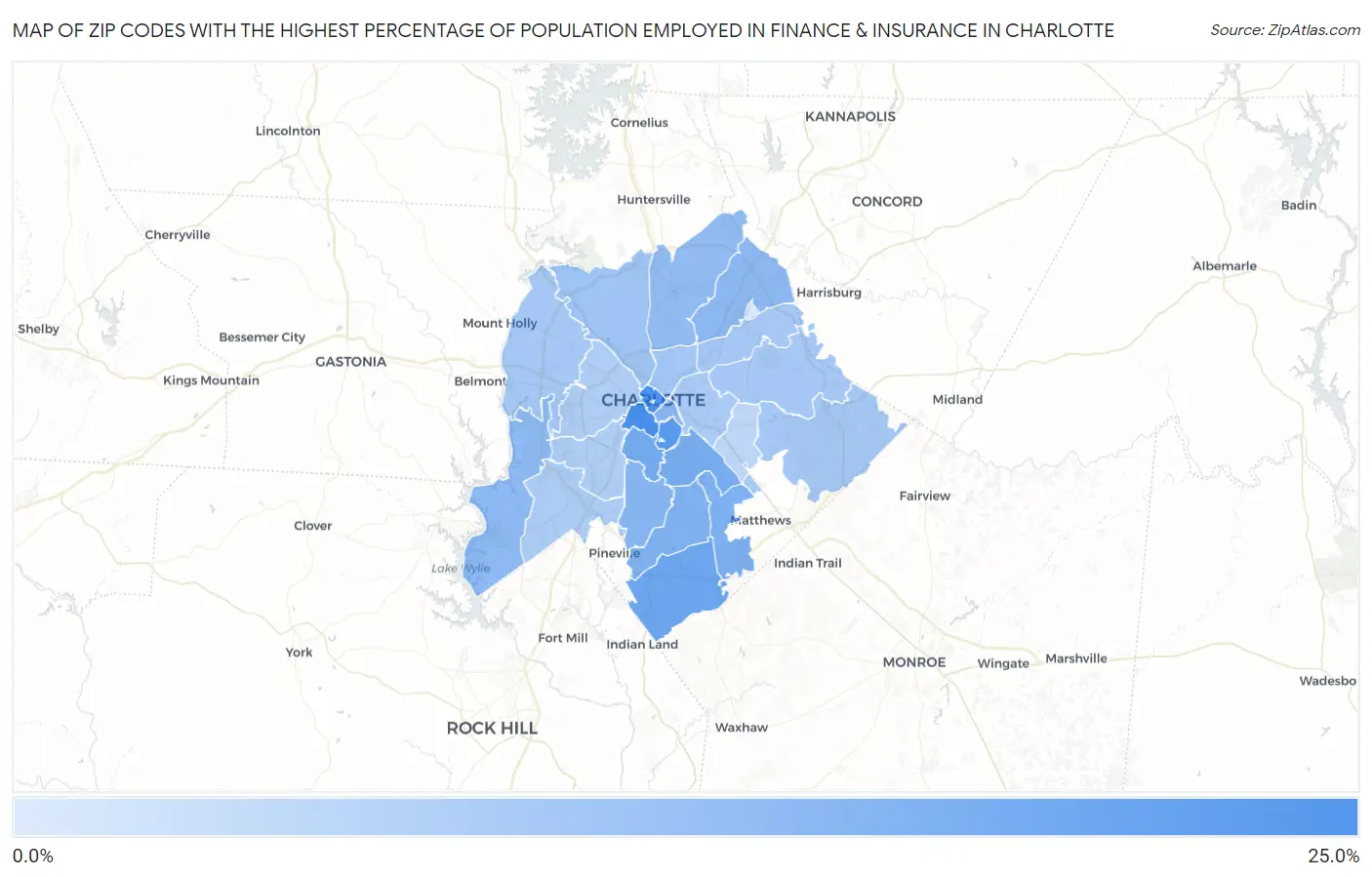 Zip Codes with the Highest Percentage of Population Employed in Finance & Insurance in Charlotte Map