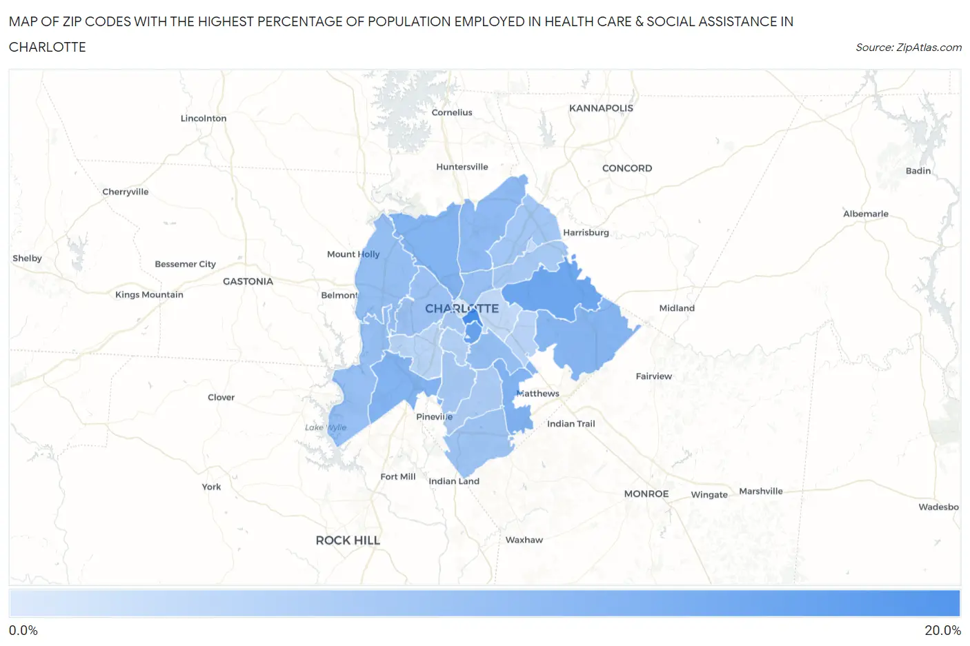 Zip Codes with the Highest Percentage of Population Employed in Health Care & Social Assistance in Charlotte Map