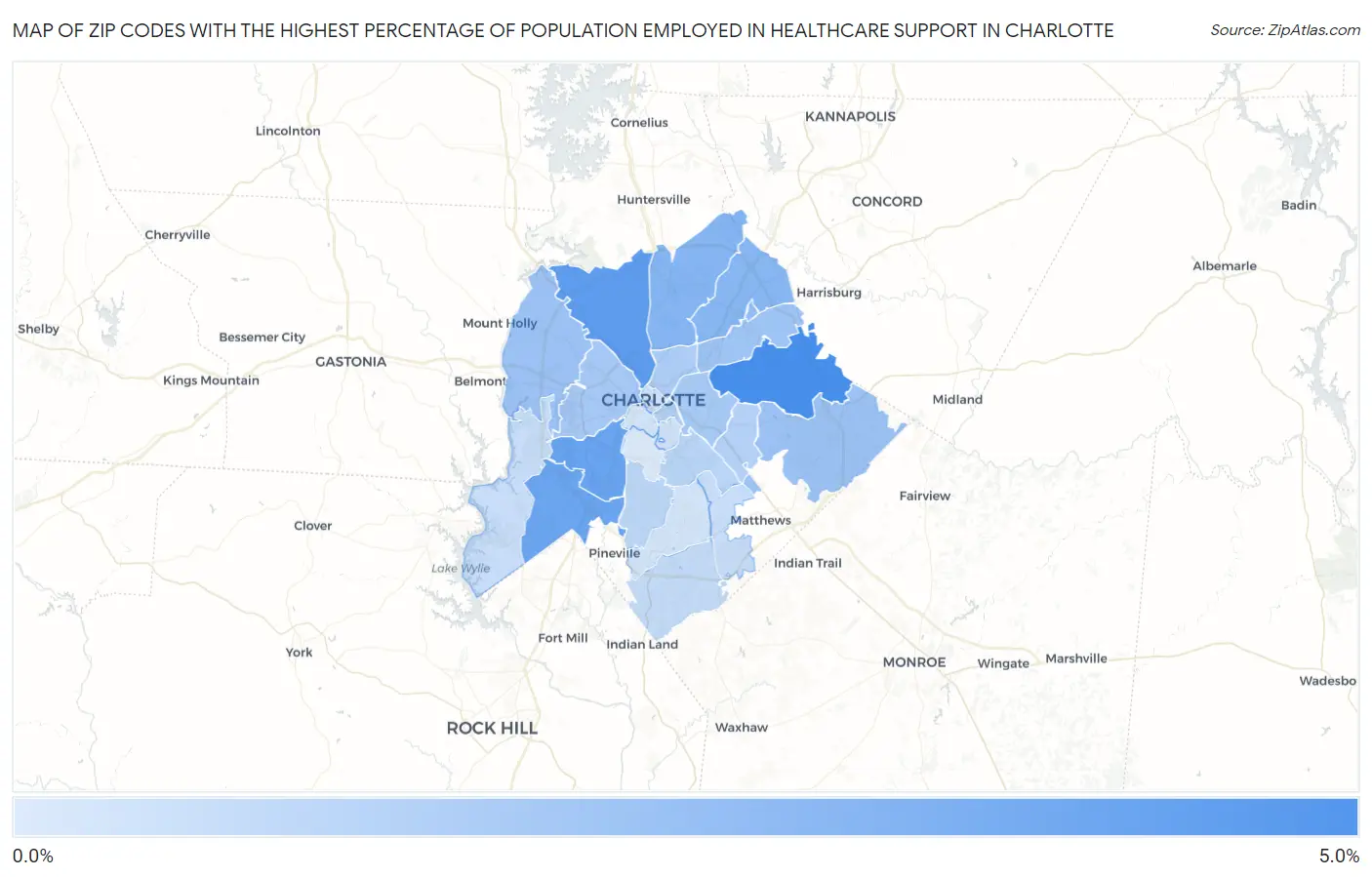 Zip Codes with the Highest Percentage of Population Employed in Healthcare Support in Charlotte Map