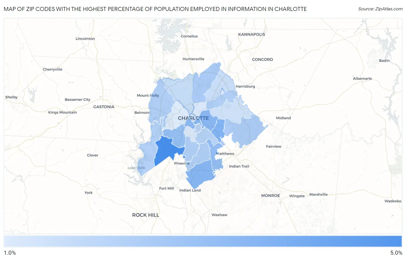Zip Codes with the Highest Percentage of Population Employed in Information in Charlotte Map