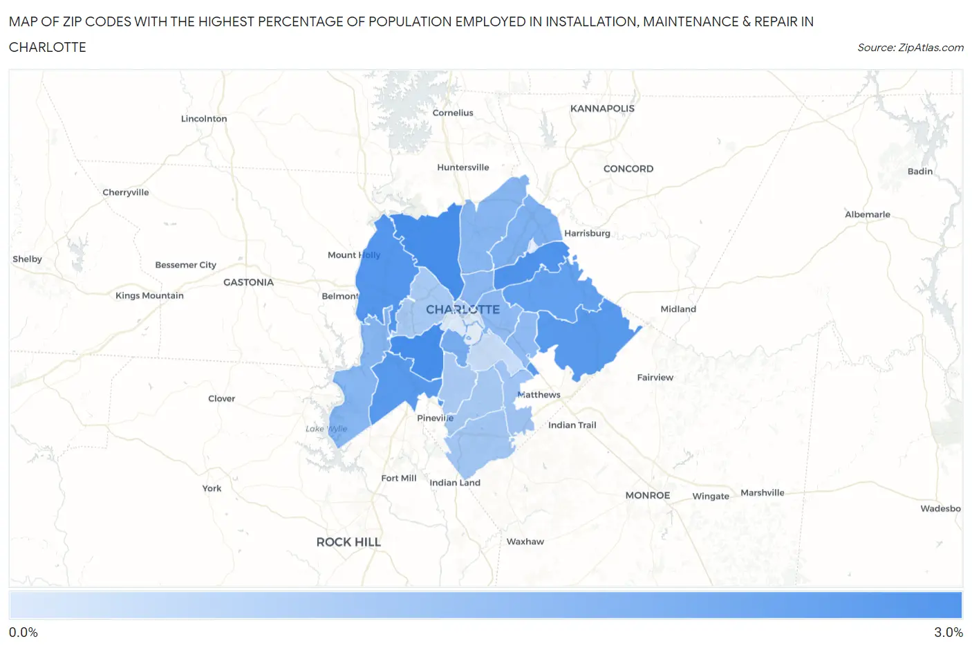 Zip Codes with the Highest Percentage of Population Employed in Installation, Maintenance & Repair in Charlotte Map