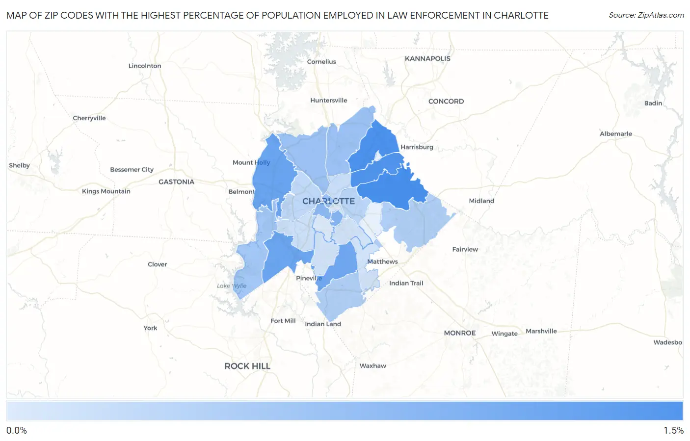 Zip Codes with the Highest Percentage of Population Employed in Law Enforcement in Charlotte Map