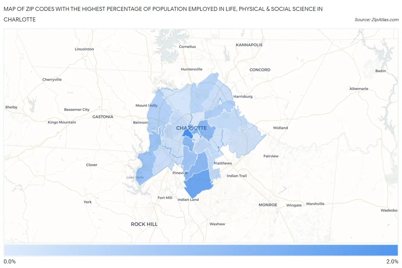 Zip Codes with the Highest Percentage of Population Employed in Life, Physical & Social Science in Charlotte Map
