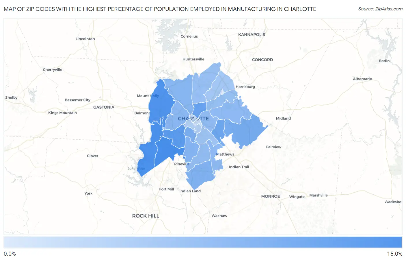 Zip Codes with the Highest Percentage of Population Employed in Manufacturing in Charlotte Map