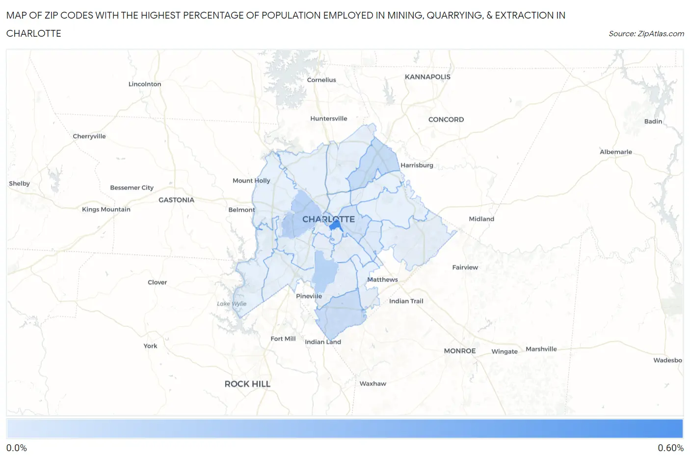 Zip Codes with the Highest Percentage of Population Employed in Mining, Quarrying, & Extraction in Charlotte Map