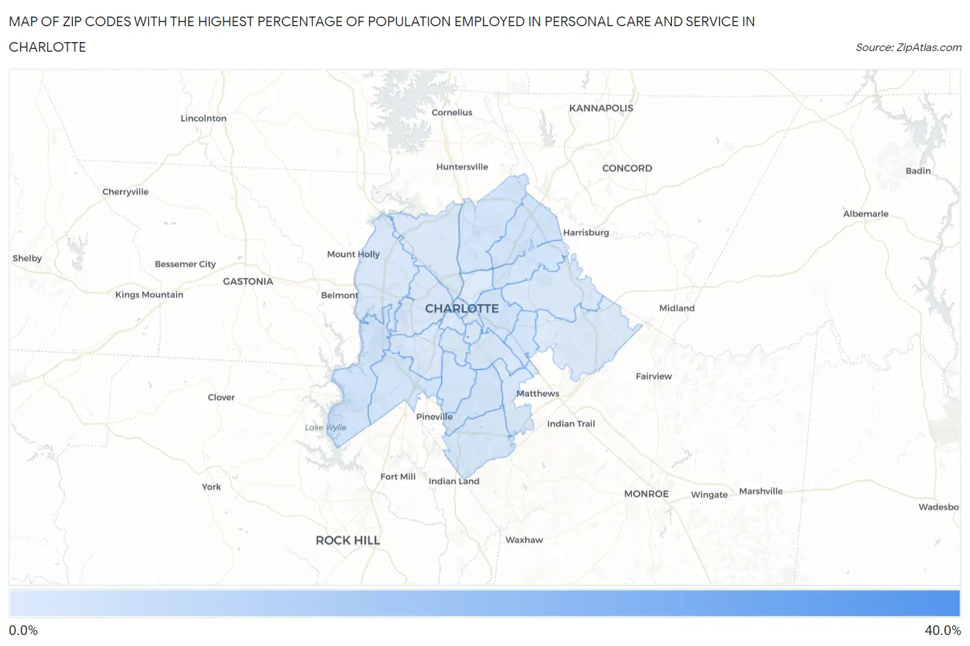Zip Codes with the Highest Percentage of Population Employed in Personal Care and Service in Charlotte Map