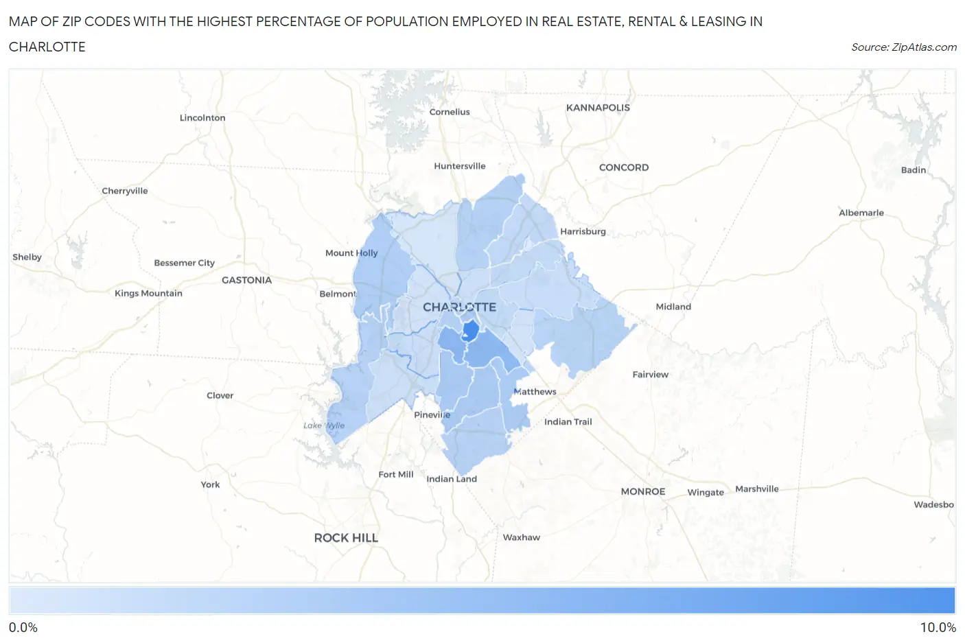 Zip Codes with the Highest Percentage of Population Employed in Real Estate, Rental & Leasing in Charlotte Map