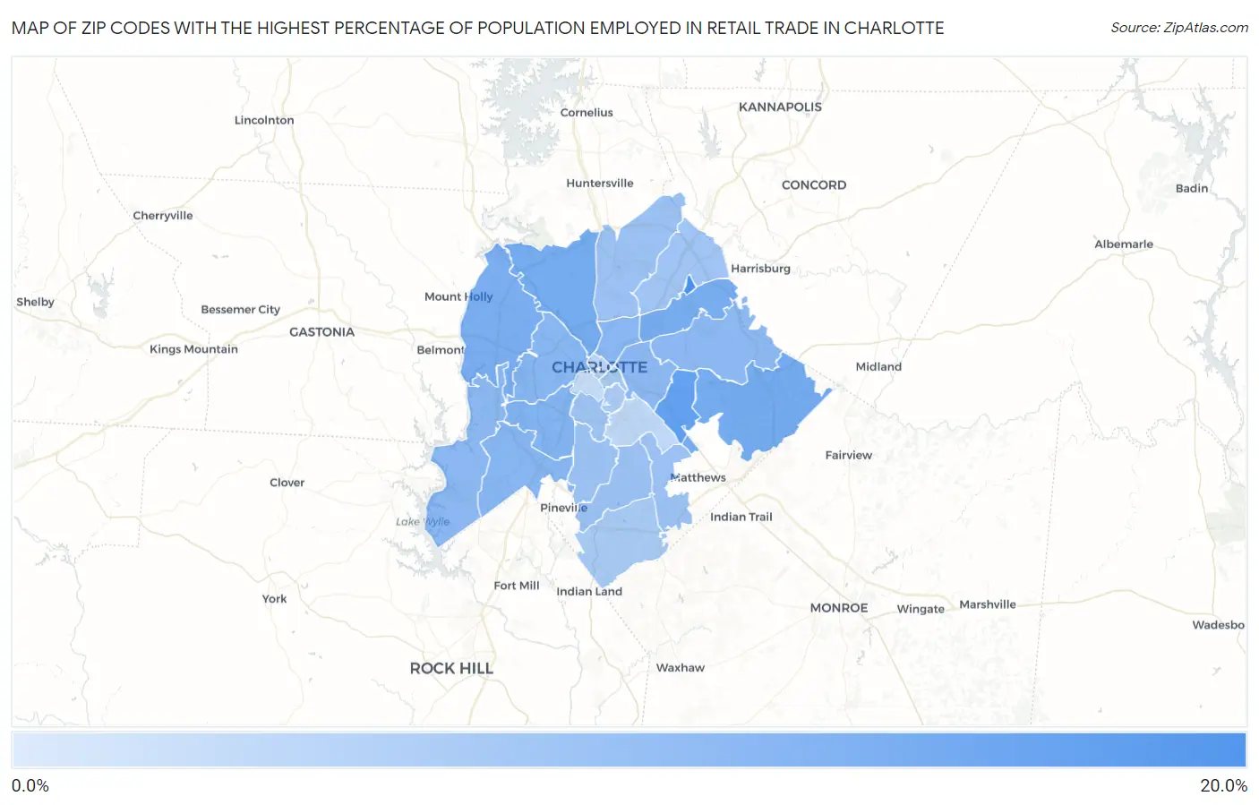 Zip Codes with the Highest Percentage of Population Employed in Retail Trade in Charlotte Map