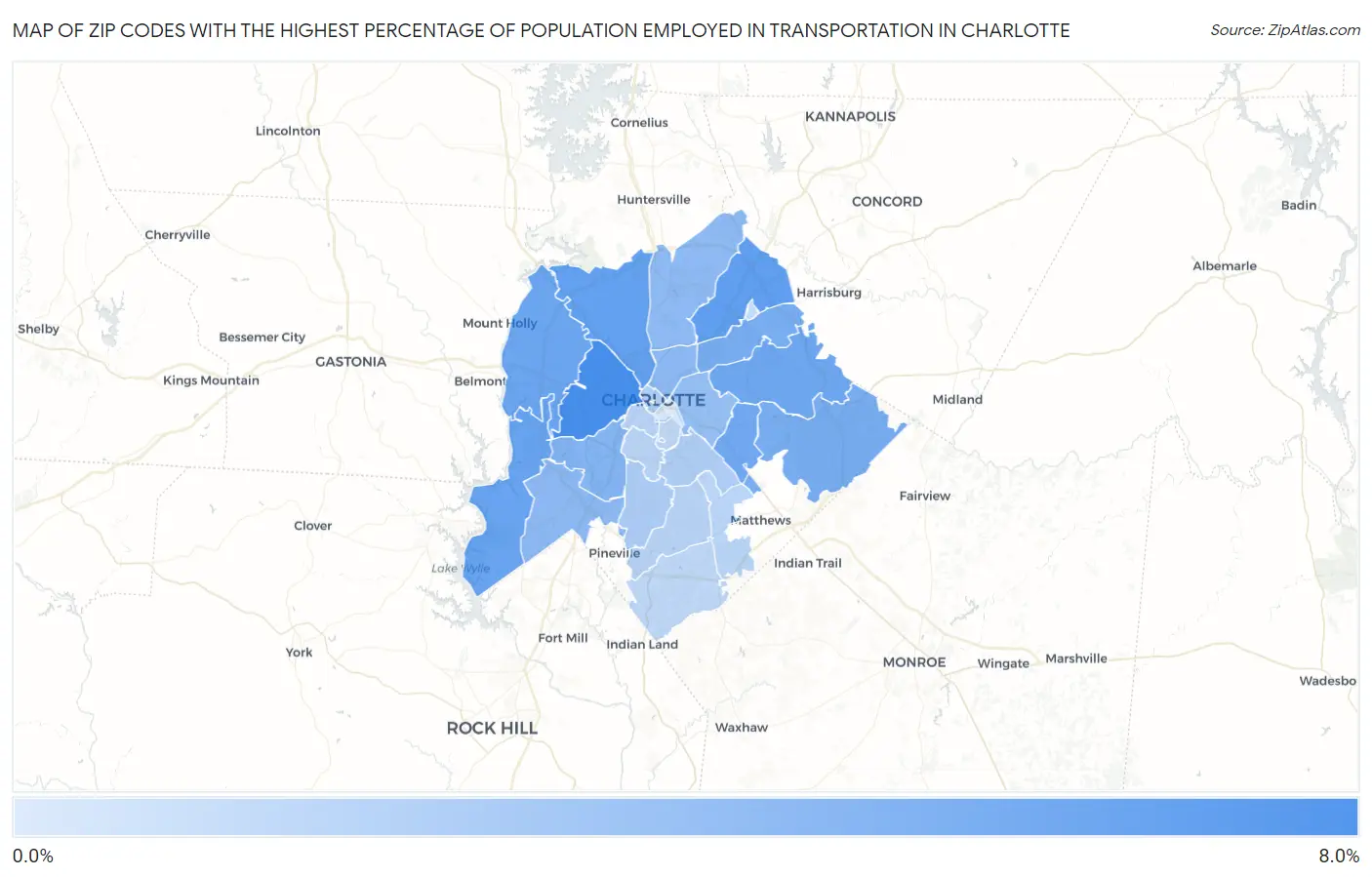 Zip Codes with the Highest Percentage of Population Employed in Transportation in Charlotte Map