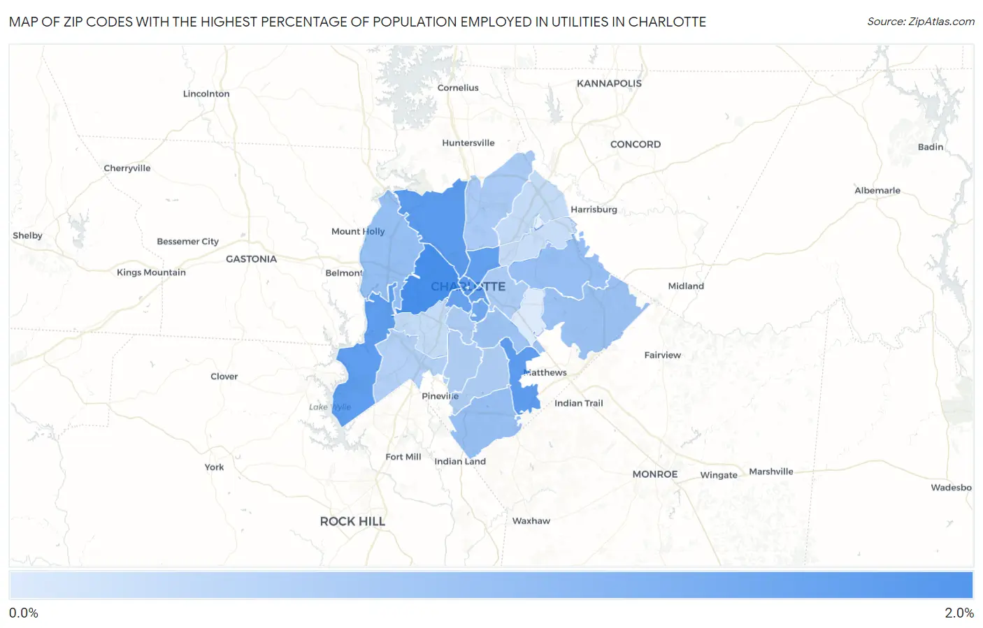 Zip Codes with the Highest Percentage of Population Employed in Utilities in Charlotte Map