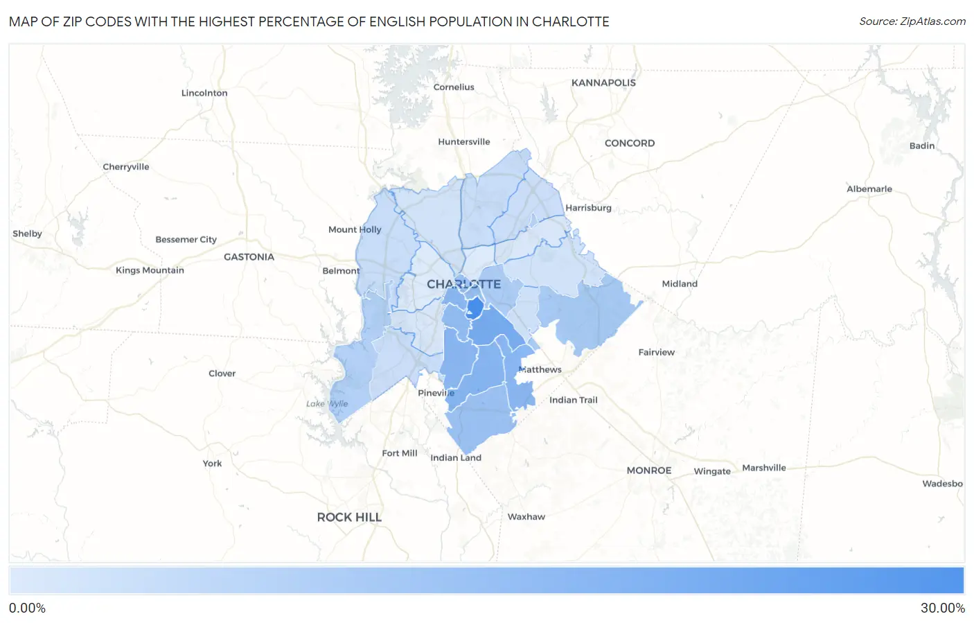 Zip Codes with the Highest Percentage of English Population in Charlotte Map