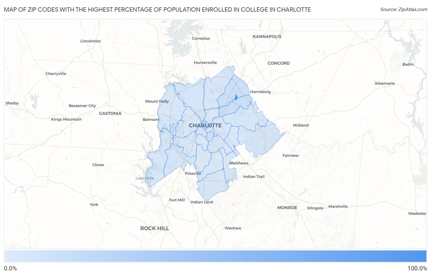 Zip Codes with the Highest Percentage of Population Enrolled in College in Charlotte Map