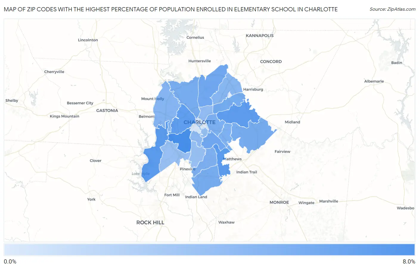 Zip Codes with the Highest Percentage of Population Enrolled in Elementary School in Charlotte Map