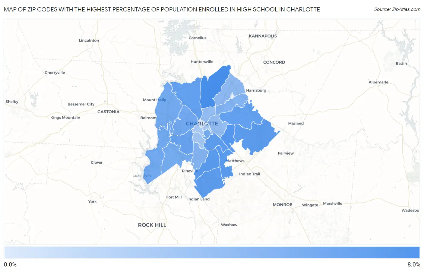 Zip Codes with the Highest Percentage of Population Enrolled in High School in Charlotte Map