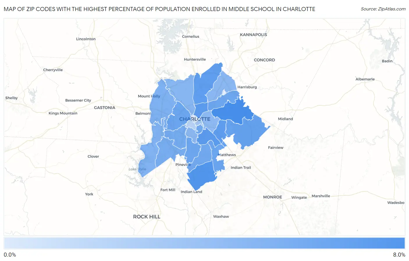Zip Codes with the Highest Percentage of Population Enrolled in Middle School in Charlotte Map