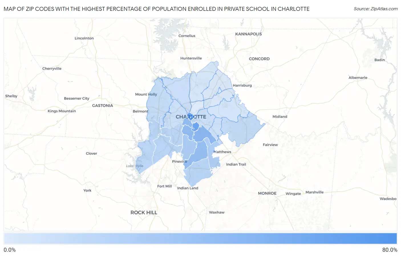 Zip Codes with the Highest Percentage of Population Enrolled in Private School in Charlotte Map