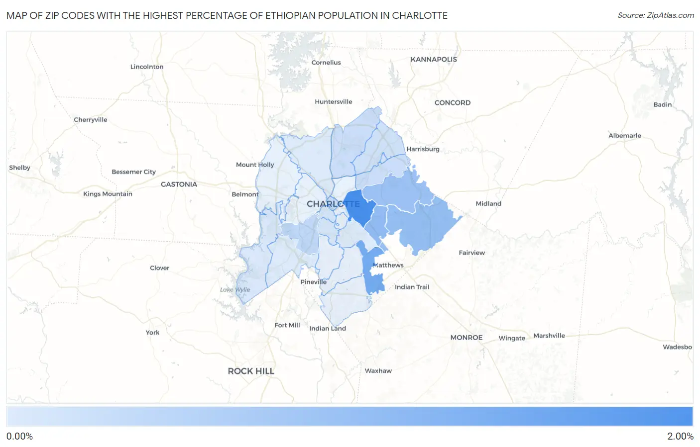 Zip Codes with the Highest Percentage of Ethiopian Population in Charlotte Map