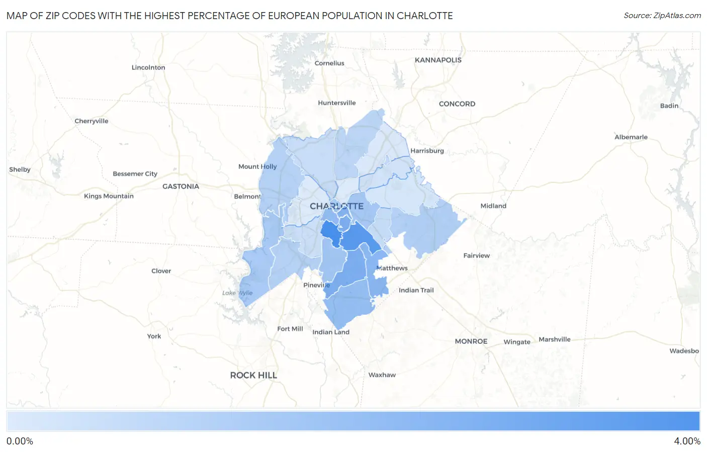 Zip Codes with the Highest Percentage of European Population in Charlotte Map