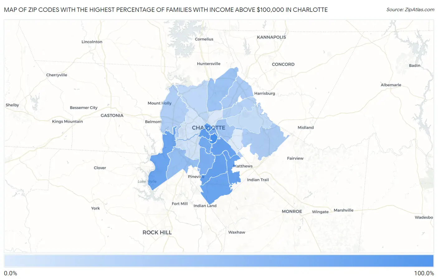Zip Codes with the Highest Percentage of Families with Income Above $100,000 in Charlotte Map